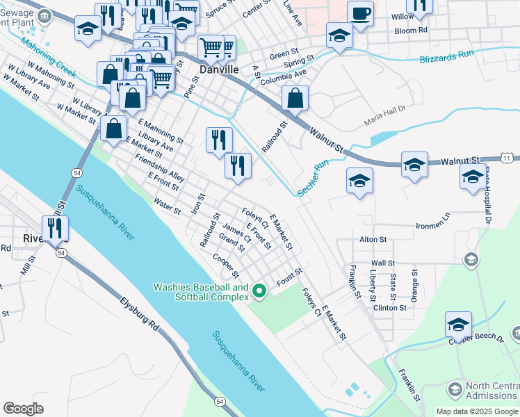 map of restaurants, bars, coffee shops, grocery stores, and more near 720 East Market Street in Danville