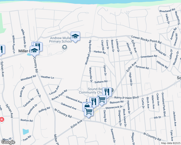 map of restaurants, bars, coffee shops, grocery stores, and more near 54 Waterville Drive in Sound Beach