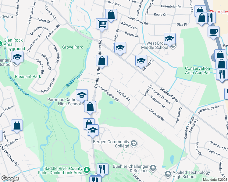 map of restaurants, bars, coffee shops, grocery stores, and more near 221 Mayfair Road in Paramus