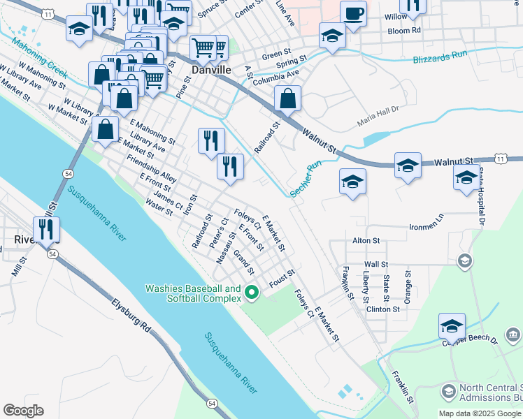 map of restaurants, bars, coffee shops, grocery stores, and more near 719 East Market Street in Danville