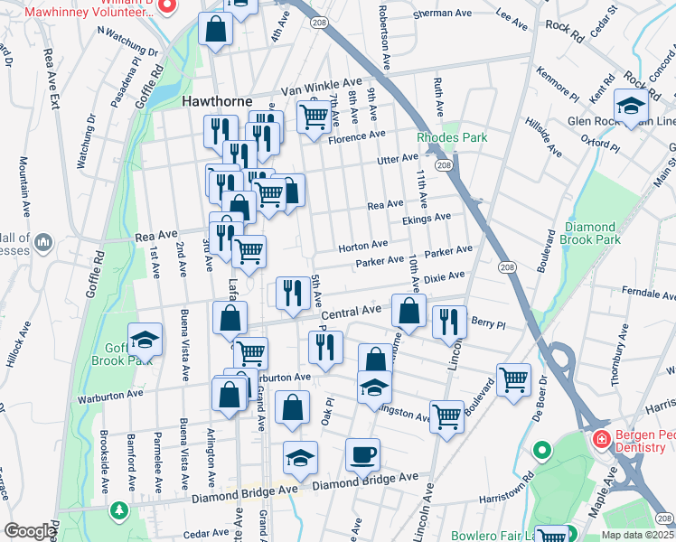 map of restaurants, bars, coffee shops, grocery stores, and more near 18 Horton Avenue in Hawthorne