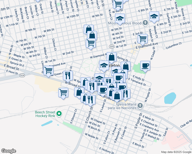map of restaurants, bars, coffee shops, grocery stores, and more near 73 North Vine Street in Hazleton