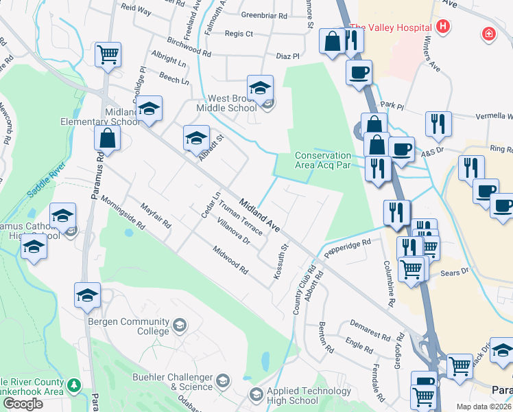map of restaurants, bars, coffee shops, grocery stores, and more near 151 West Midland Avenue in Paramus