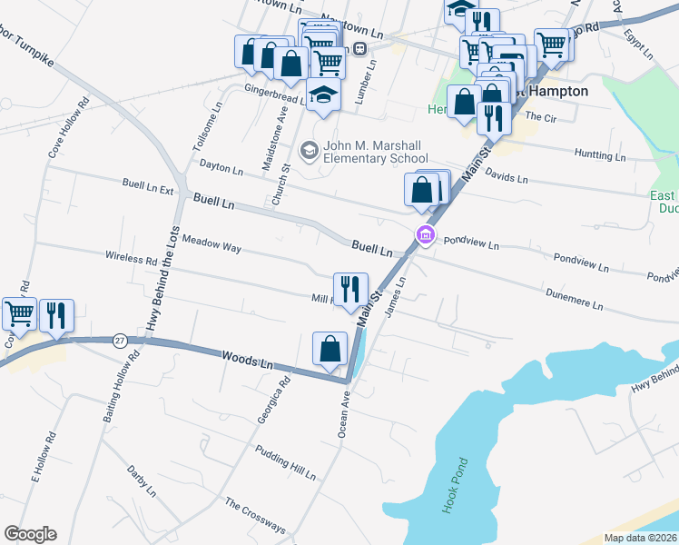 map of restaurants, bars, coffee shops, grocery stores, and more near 16 Meadow Way in East Hampton