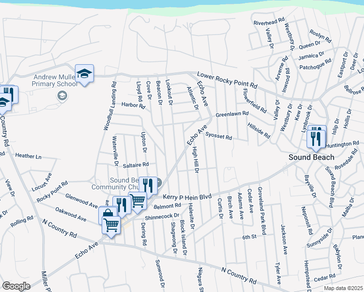 map of restaurants, bars, coffee shops, grocery stores, and more near 130 Halesite Drive in Sound Beach