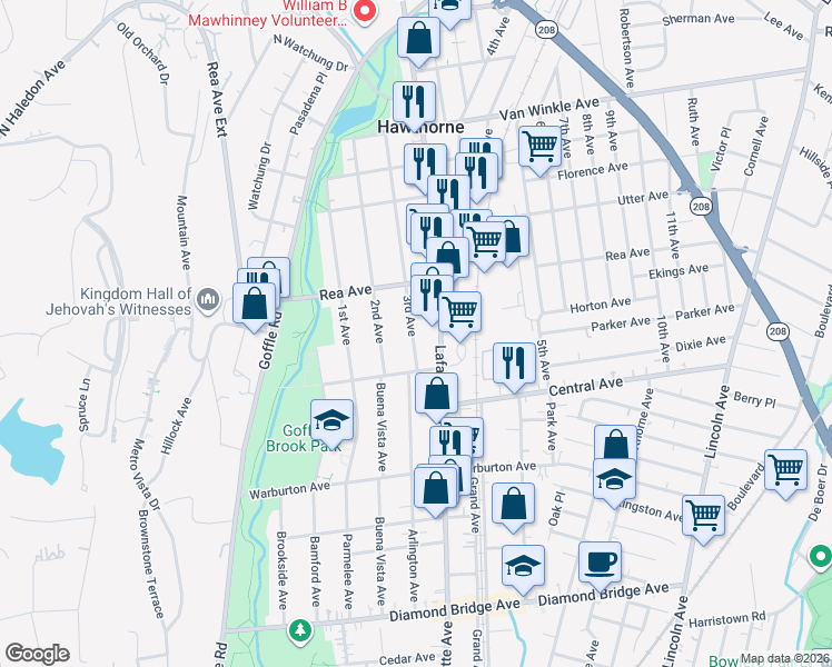 map of restaurants, bars, coffee shops, grocery stores, and more near 31 3rd Avenue in Hawthorne