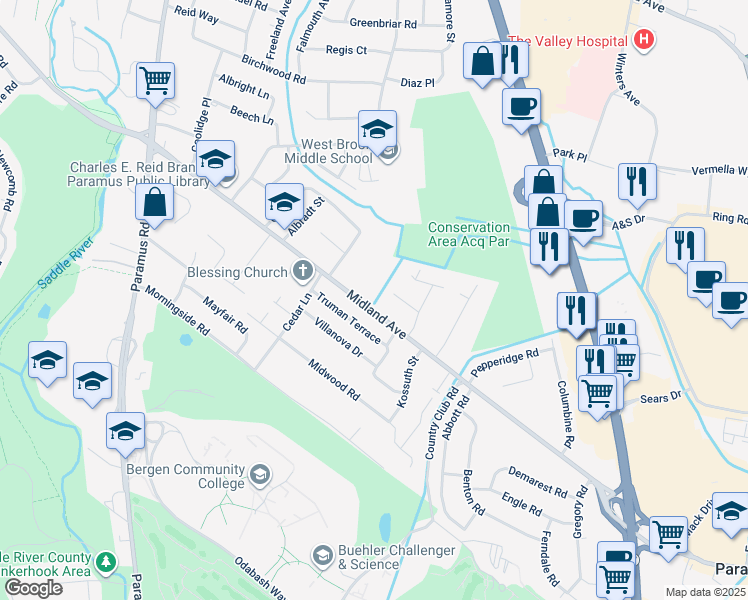 map of restaurants, bars, coffee shops, grocery stores, and more near 155 West Midland Avenue in Paramus