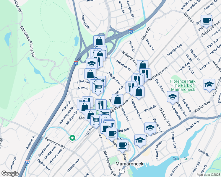 map of restaurants, bars, coffee shops, grocery stores, and more near 625 Willow Street in Mamaroneck