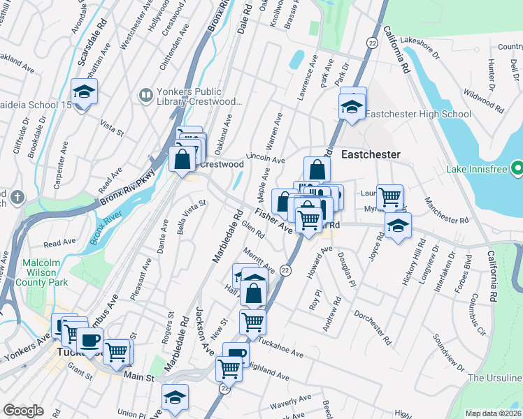 map of restaurants, bars, coffee shops, grocery stores, and more near 55 Maple Avenue in Tuckahoe