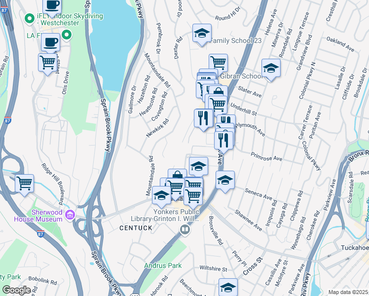 map of restaurants, bars, coffee shops, grocery stores, and more near 11 Balint Drive in Yonkers