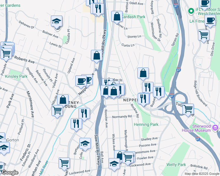 map of restaurants, bars, coffee shops, grocery stores, and more near 648 Saw Mill River Road in Yonkers