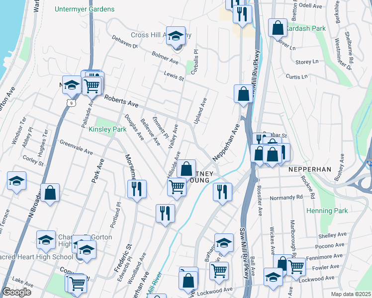 map of restaurants, bars, coffee shops, grocery stores, and more near 370 Roberts Avenue in Yonkers