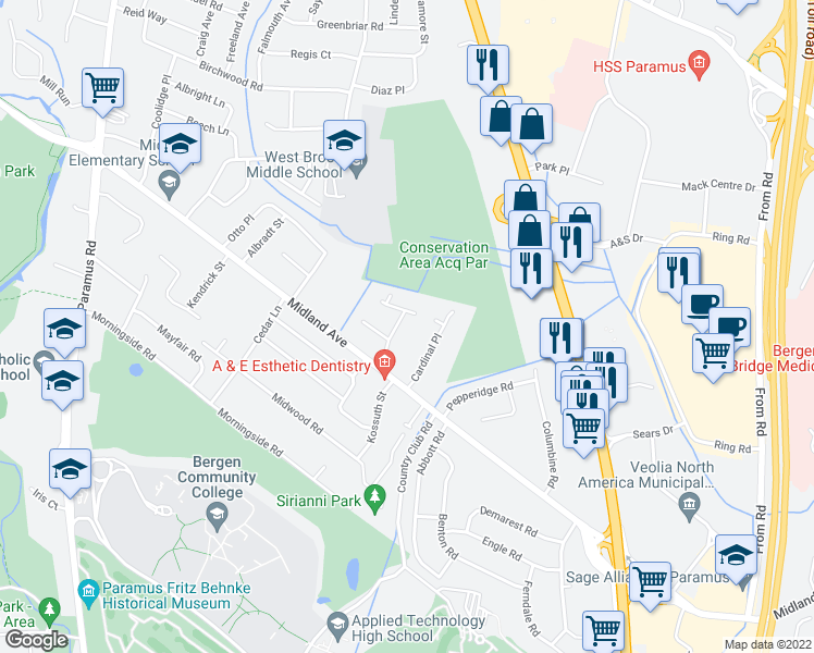 map of restaurants, bars, coffee shops, grocery stores, and more near 17 Manning Road in Paramus