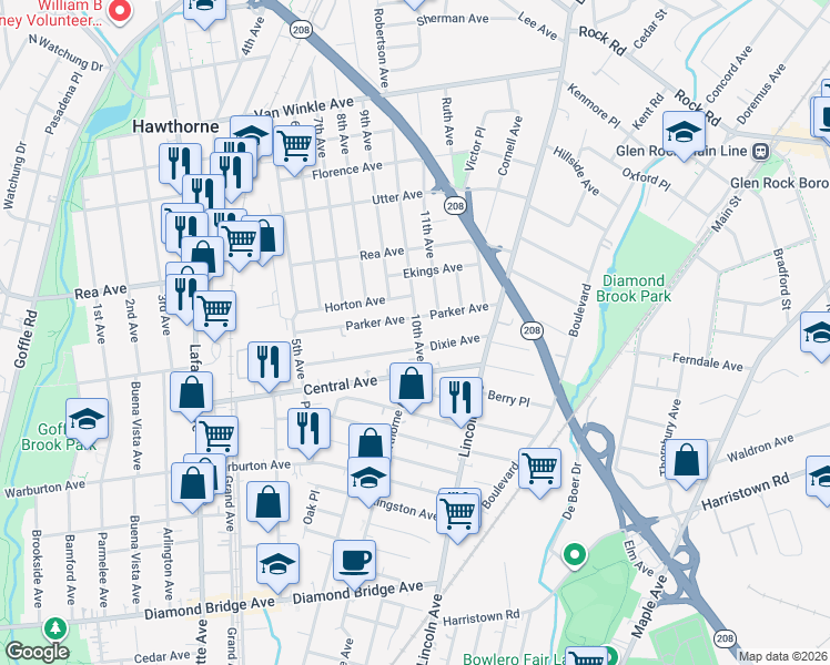map of restaurants, bars, coffee shops, grocery stores, and more near 116 Parker Avenue in Hawthorne