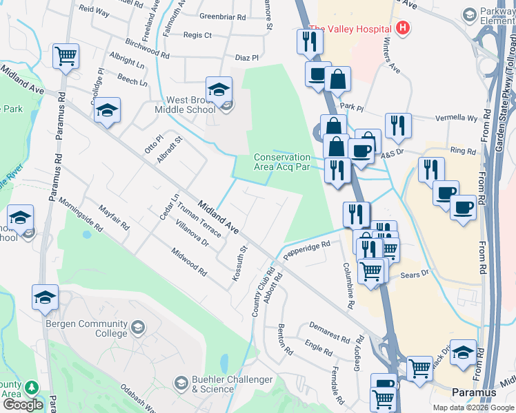 map of restaurants, bars, coffee shops, grocery stores, and more near 17 Manning Road in Paramus