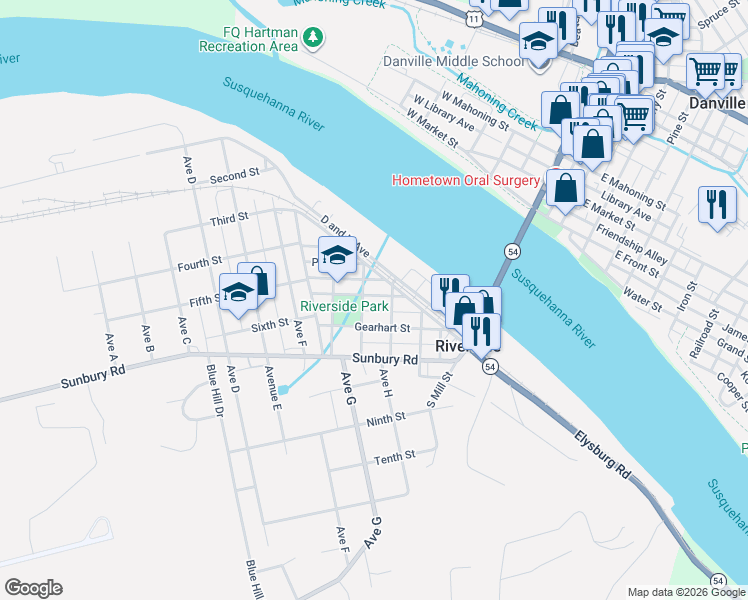 map of restaurants, bars, coffee shops, grocery stores, and more near 216 Dewart Street in Danville