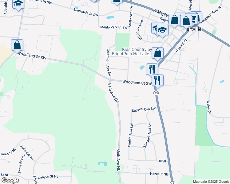 map of restaurants, bars, coffee shops, grocery stores, and more near 11916 Geib Avenue Northeast in Hartville