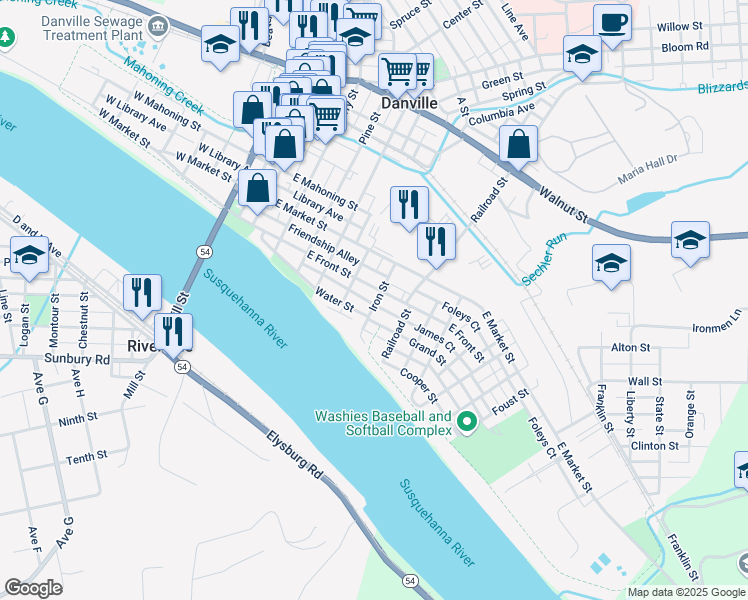 map of restaurants, bars, coffee shops, grocery stores, and more near 139 Iron Street in Danville