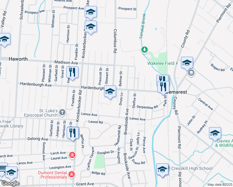 map of restaurants, bars, coffee shops, grocery stores, and more near 35 Belmar Street in Demarest