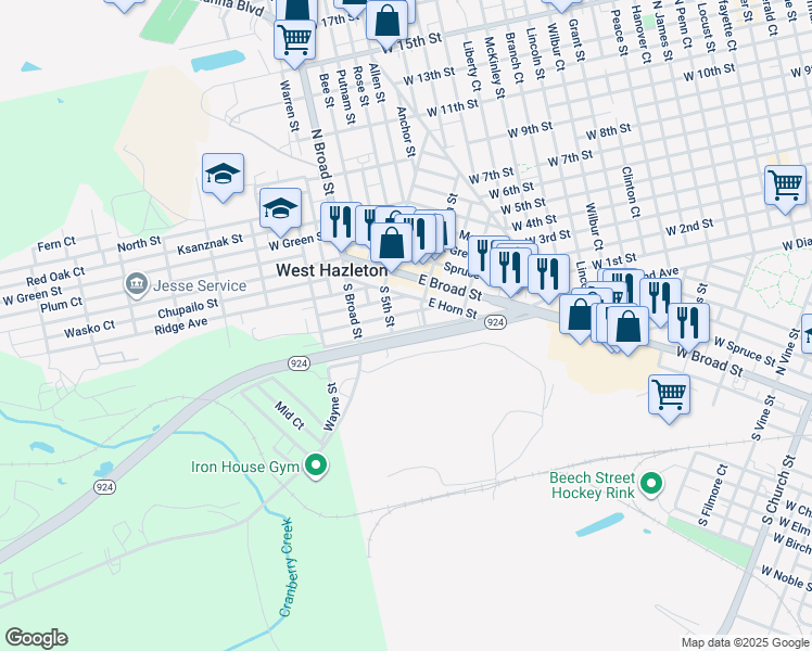 map of restaurants, bars, coffee shops, grocery stores, and more near 13 East Cranberry Avenue in West Hazleton