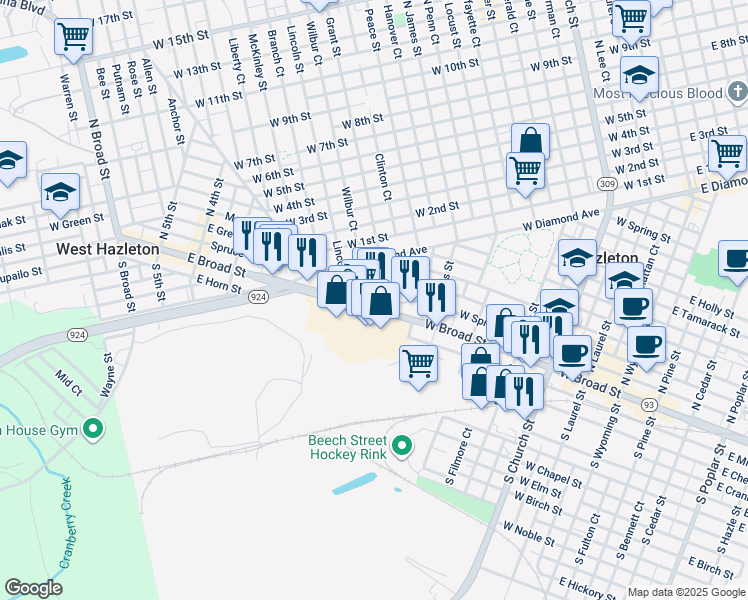 map of restaurants, bars, coffee shops, grocery stores, and more near 515 West Broad Street in Hazleton