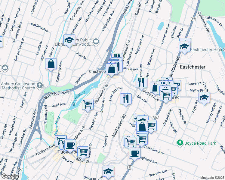 map of restaurants, bars, coffee shops, grocery stores, and more near 262 Dante Avenue in Tuckahoe