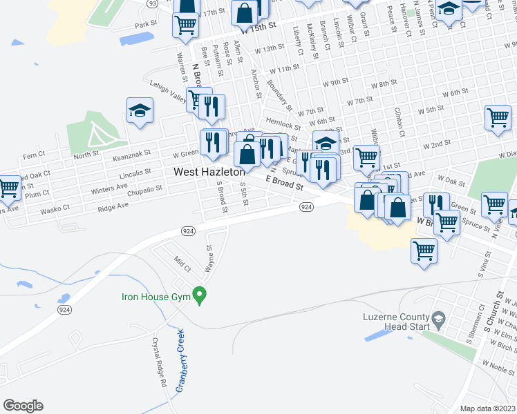 map of restaurants, bars, coffee shops, grocery stores, and more near 15 East Cranberry Avenue in West Hazleton