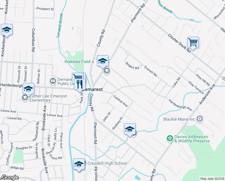 map of restaurants, bars, coffee shops, grocery stores, and more near 25 Northwood Avenue in Demarest