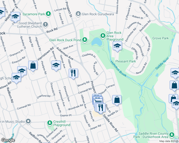 map of restaurants, bars, coffee shops, grocery stores, and more near 37 De Young Road in Glen Rock
