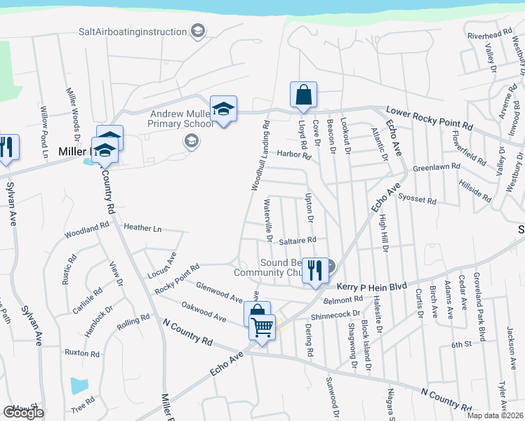 map of restaurants, bars, coffee shops, grocery stores, and more near 58 Waterville Drive in Sound Beach