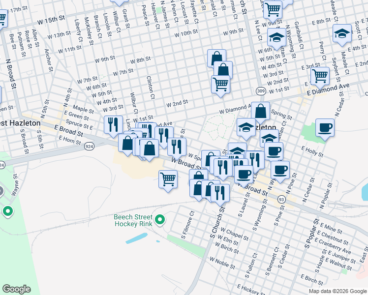 map of restaurants, bars, coffee shops, grocery stores, and more near in Hazleton