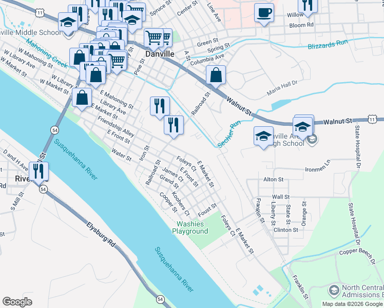 map of restaurants, bars, coffee shops, grocery stores, and more near 719 E Market St in Danville