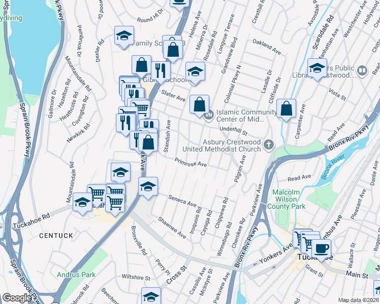 map of restaurants, bars, coffee shops, grocery stores, and more near 45 Bradford Boulevard in Yonkers