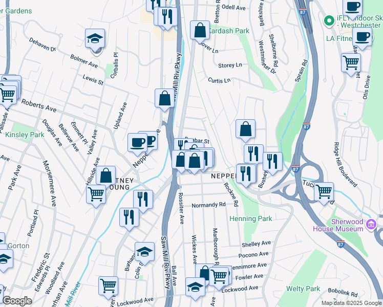 map of restaurants, bars, coffee shops, grocery stores, and more near 648 Saw Mill River Road in Yonkers