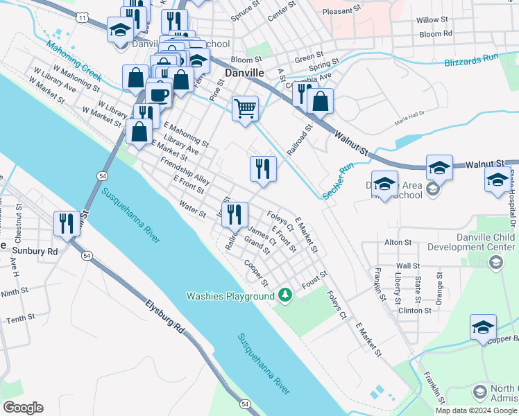 map of restaurants, bars, coffee shops, grocery stores, and more near 219 Railroad Street in Danville