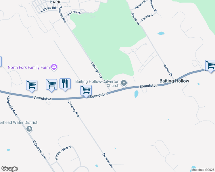 map of restaurants, bars, coffee shops, grocery stores, and more near 24 Oakleigh Avenue in Baiting Hollow