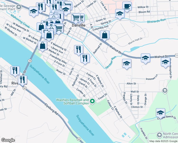 map of restaurants, bars, coffee shops, grocery stores, and more near 672 East Market Street in Danville