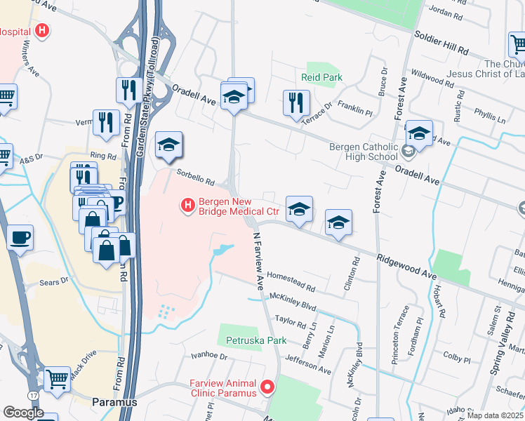 map of restaurants, bars, coffee shops, grocery stores, and more near 333 Ridgewood Avenue in Paramus