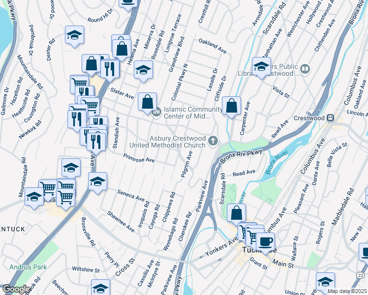 map of restaurants, bars, coffee shops, grocery stores, and more near 25 Colonial Parkway in Yonkers