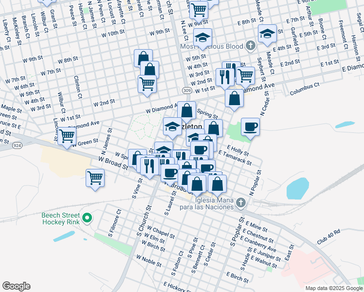 map of restaurants, bars, coffee shops, grocery stores, and more near West Hemlock Street in Hazleton