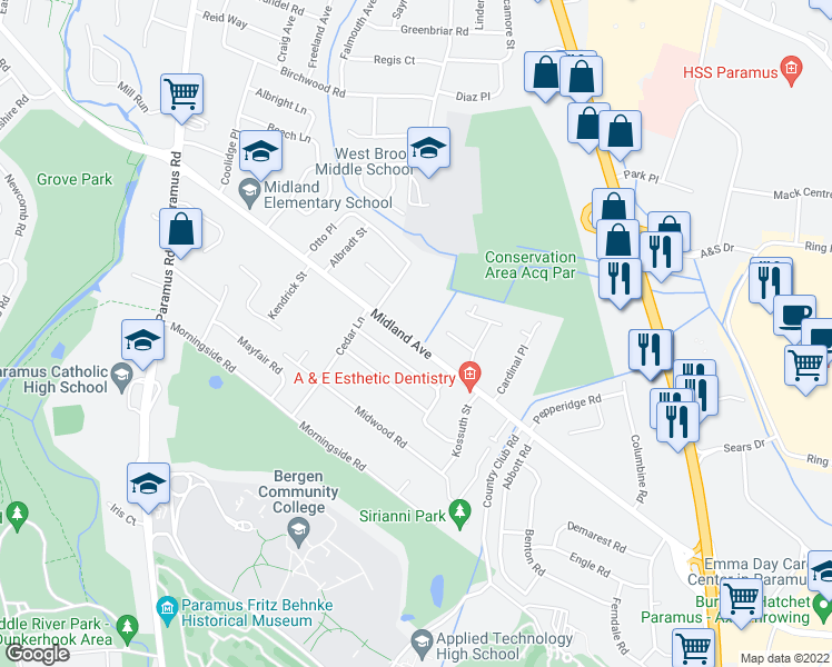 map of restaurants, bars, coffee shops, grocery stores, and more near 155 West Midland Avenue in Paramus