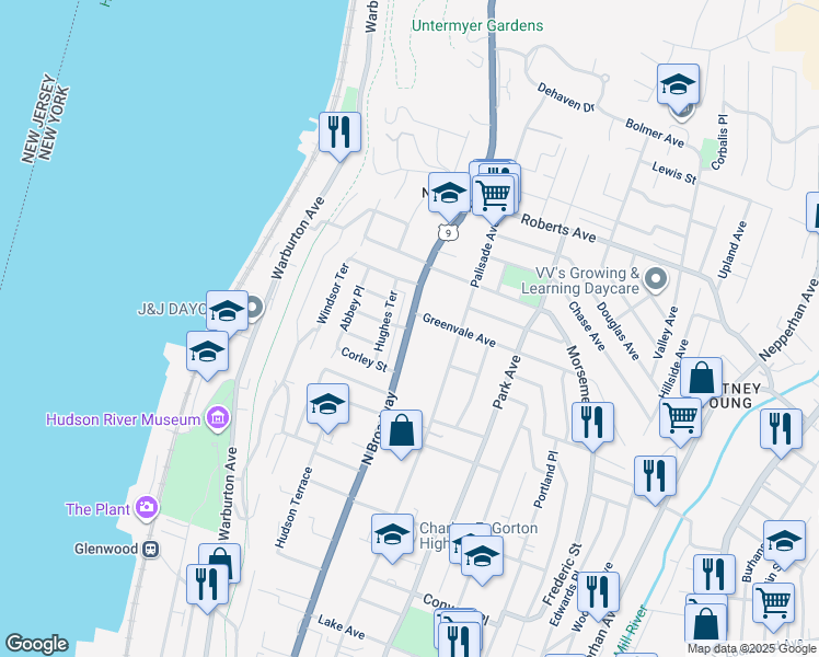 map of restaurants, bars, coffee shops, grocery stores, and more near North Broadway in Yonkers