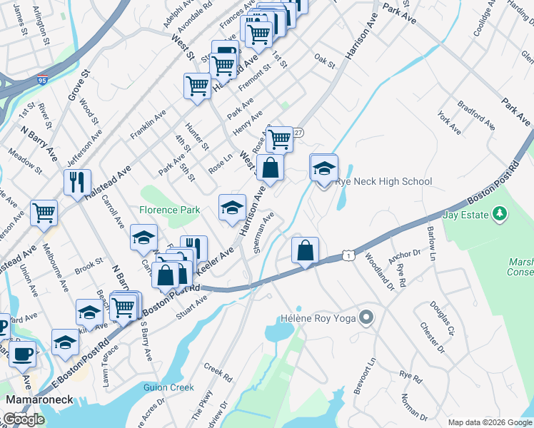 map of restaurants, bars, coffee shops, grocery stores, and more near 122 Osborn Avenue in Mamaroneck