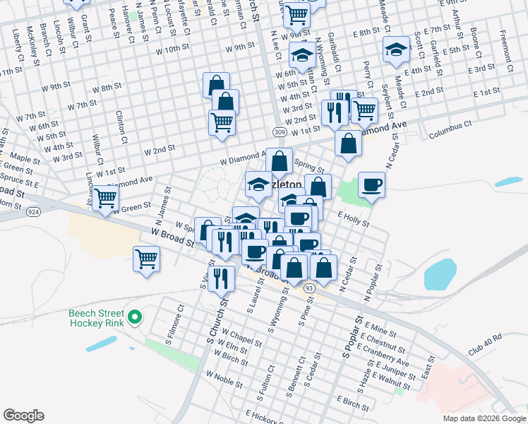 map of restaurants, bars, coffee shops, grocery stores, and more near 101 North Church Street in Hazleton