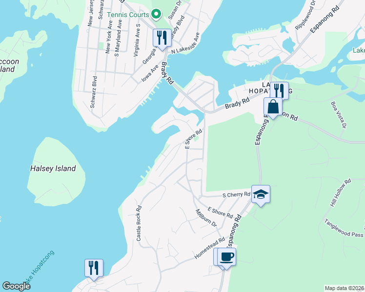 map of restaurants, bars, coffee shops, grocery stores, and more near 53 East Shore Road in Jefferson