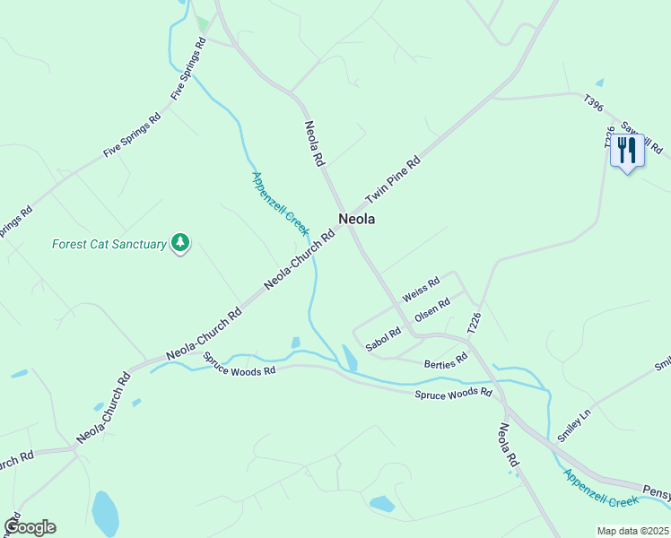 map of restaurants, bars, coffee shops, grocery stores, and more near 5597 Neola Road in Stroudsburg
