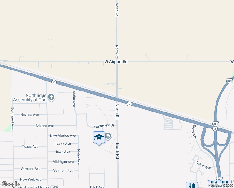 map of restaurants, bars, coffee shops, grocery stores, and more near 3048 North Road in Grand Island