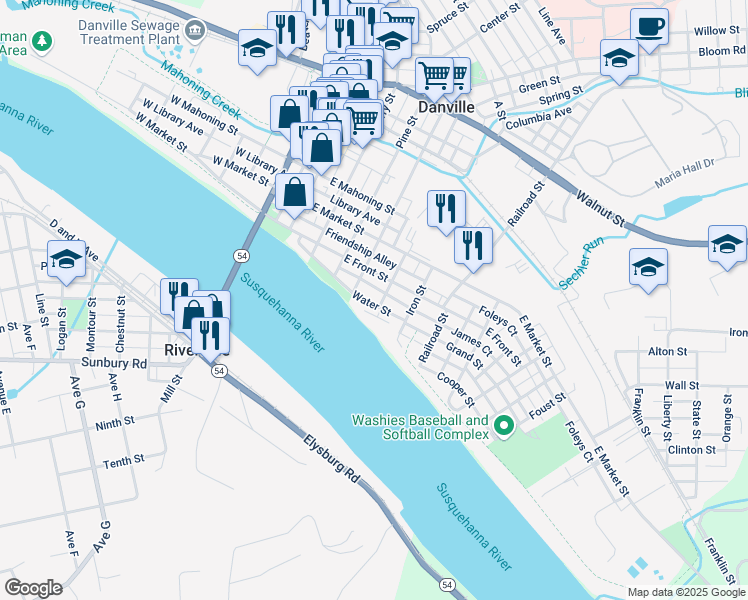map of restaurants, bars, coffee shops, grocery stores, and more near 349 Water Street in Danville