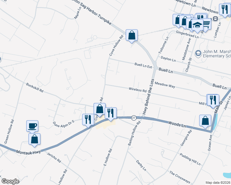 map of restaurants, bars, coffee shops, grocery stores, and more near 51 Wireless Road in East Hampton