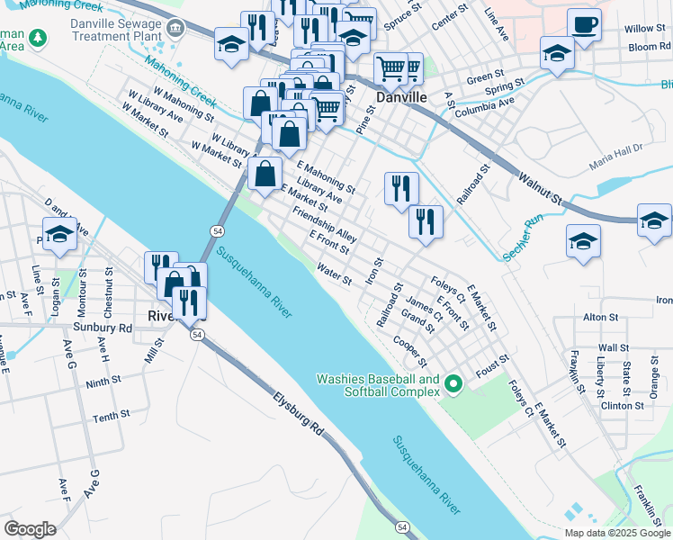 map of restaurants, bars, coffee shops, grocery stores, and more near 349 Water Street in Danville